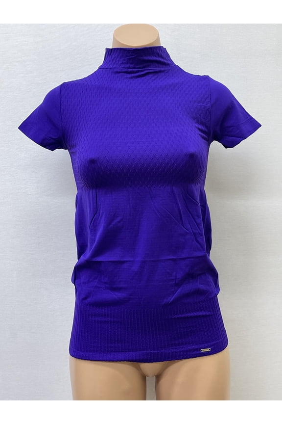 Women Seamless Short Sleeve Mock Neck Mini Dimond design Texture Material Blouse Top Stretch Tee Shirts