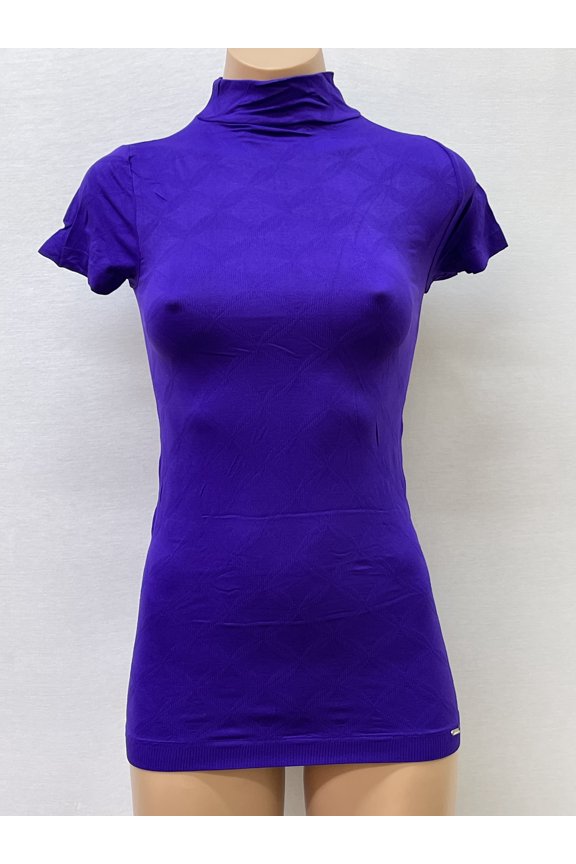 Women Seamless Short Sleeve Mock Neck Start design Texture Material Blouse Top Stretch Tee Shirts