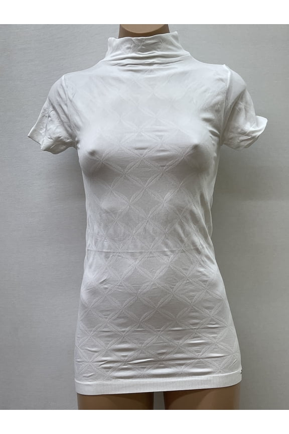 Women Seamless Short Sleeve Mock Neck Start design Texture Material Blouse Top Stretch Tee Shirts