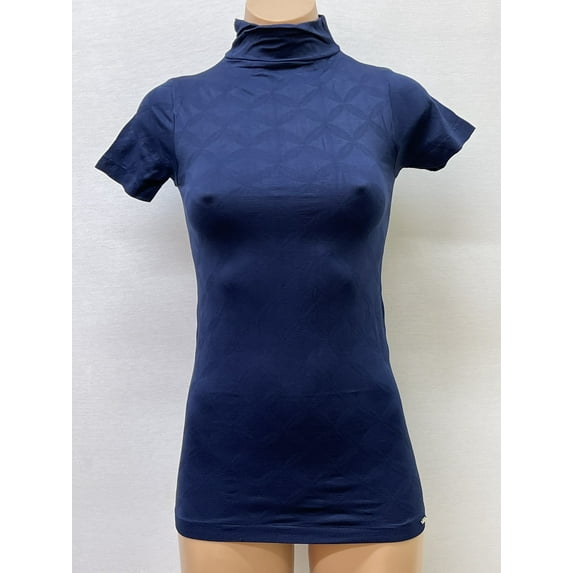 Women Seamless Short Sleeve Mock Neck Start design Texture Material Blouse Top Stretch Tee Shirts