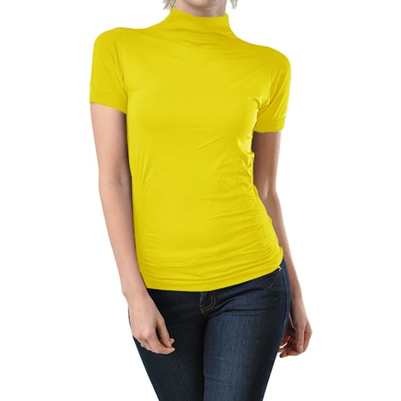 Women Seamless Short Sleeve Mock Neck Turtleneck Blouse Top Stretch Tee Shirts