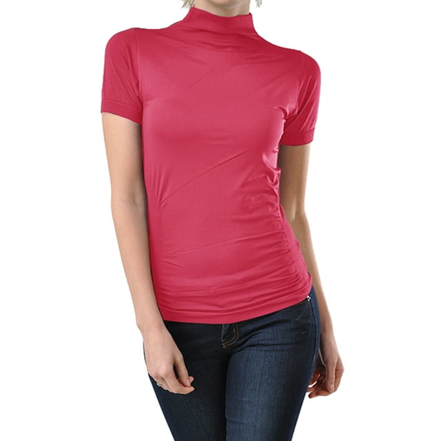Women Seamless Short Sleeve Mock Neck Turtleneck Blouse Top Stretch Tee Shirts