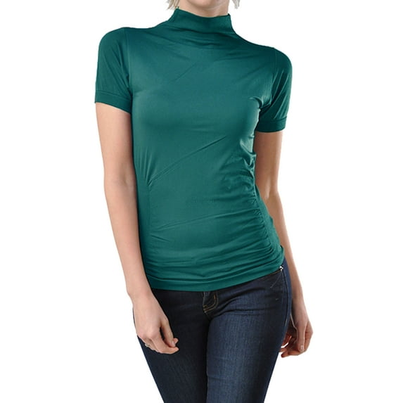 Women Seamless Short Sleeve Mock Neck Turtleneck Blouse Top Stretch Tee Shirts