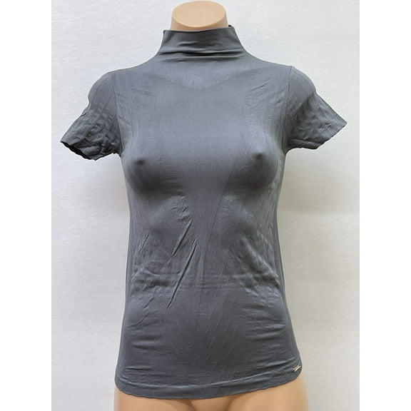 Women Seamless Short Sleeve Mock Neck V Texture Material Blouse Top Stretch Tee Shirts