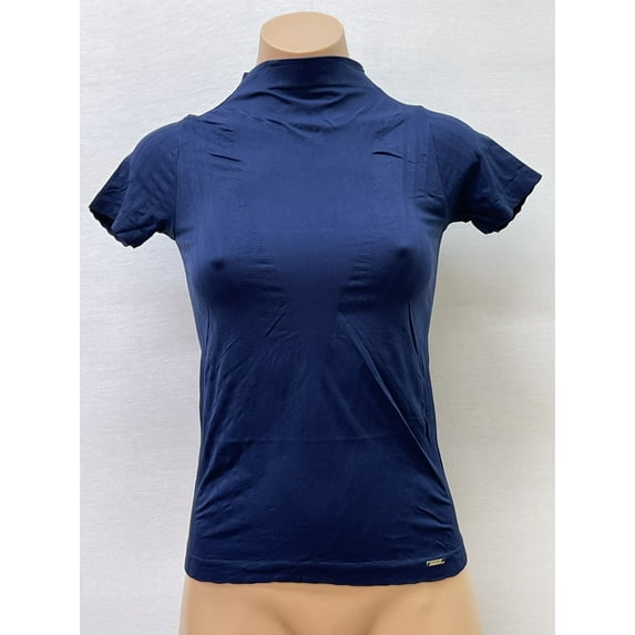 Women Seamless Short Sleeve Mock Neck V Texture Material Blouse Top Stretch Tee Shirts