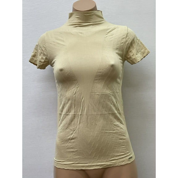 Women Seamless Short Sleeve Mock Neck V Texture Material Blouse Top Stretch Tee Shirts