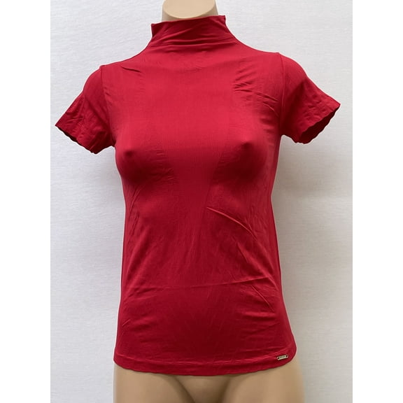 Women Seamless Short Sleeve Mock Neck V Texture Material Blouse Top Stretch Tee Shirts