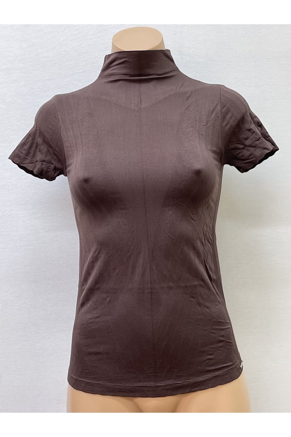 Women Seamless Short Sleeve Mock Neck V Texture Material Blouse Top Stretch Tee Shirts