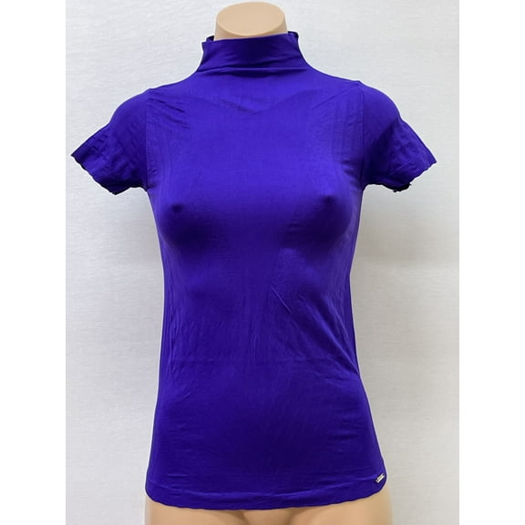 Women Seamless Short Sleeve Mock Neck V Texture Material Blouse Top Stretch Tee Shirts