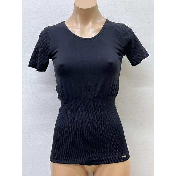 Women Seamless Short Sleeve Round Neck Fancy Ribbed Texture Material Blouse Top Stretch Tee Shirts