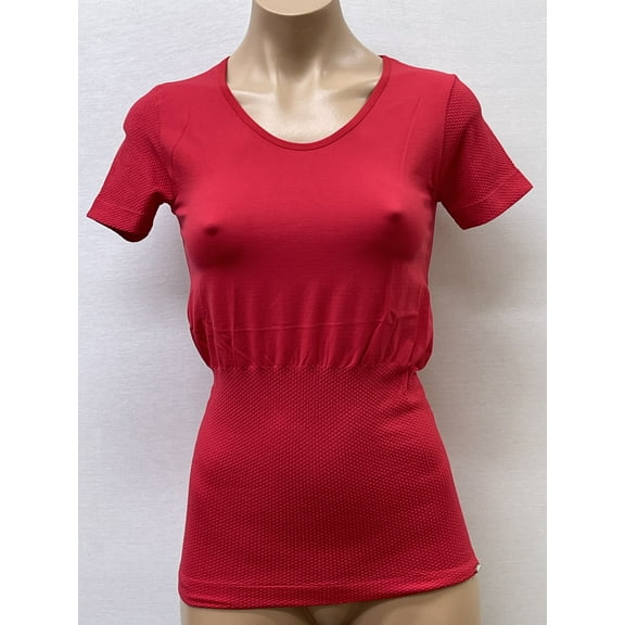 Women Seamless Short Sleeve Round Neck Fancy Ribbed Texture Material Blouse Top Stretch Tee Shirts