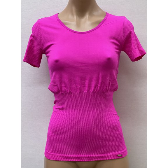 Women Seamless Short Sleeve Round Neck Fancy Ribbed Texture Material Blouse Top Stretch Tee Shirts