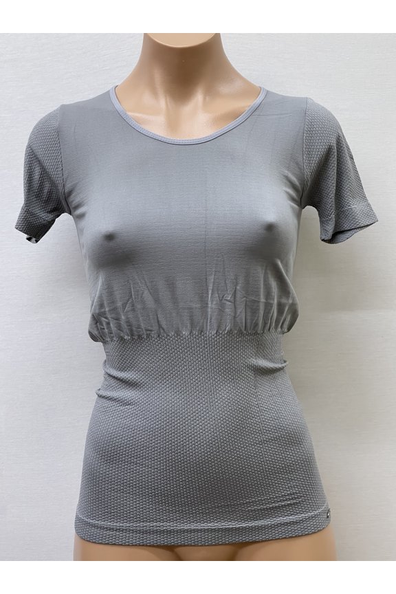 Women Seamless Short Sleeve Round Neck Fancy Ribbed Texture Material Blouse Top Stretch Tee Shirts