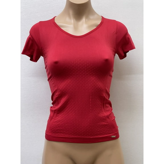Women Seamless Short Sleeve Round Neck Fancy Vshape Design Material Blouse Top Stretch Tee Shirts