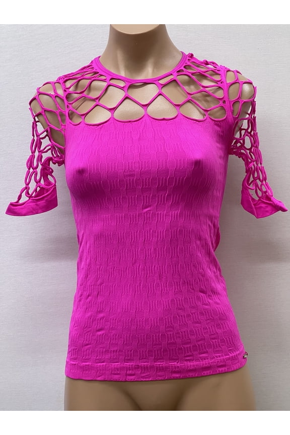 Women Seamless Short Sleeve Round Neck with a Mesh Design Material Blouse Top Stretch Tee Shirts