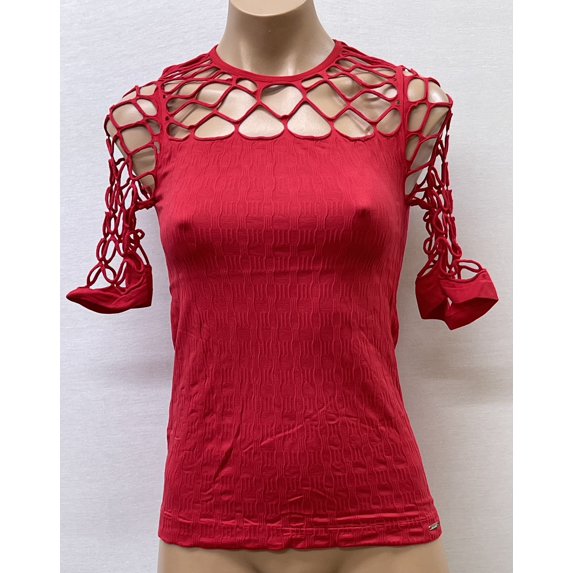 Women Seamless Short Sleeve Round Neck with a Mesh Design Material Blouse Top Stretch Tee Shirts