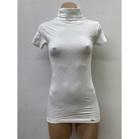Women Seamless Short Sleeve Turtle Neck Diamond Texture Material Blouse Top Stretch Tee Shirts