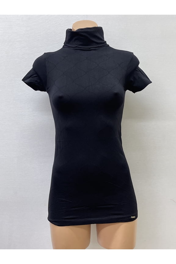 Women Seamless Short Sleeve Turtle Neck Diamond Texture Material Blouse Top Stretch Tee Shirts