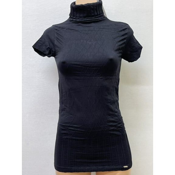 Women Seamless Short Sleeve Turtle Neck Ribbed Diamond Texture Material Blouse Top Stretch Tee Shirts