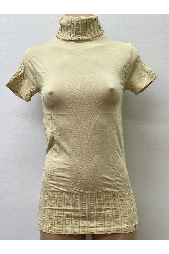 Women Seamless Short Sleeve Turtle Neck Ribbed Diamond Texture Material Blouse Top Stretch Tee Shirts