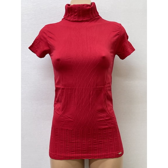 Women Seamless Short Sleeve Turtle Neck Ribbed Diamond Texture Material Blouse Top Stretch Tee Shirts