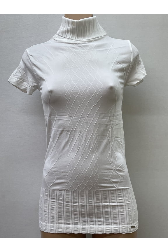 Women Seamless Short Sleeve Turtle Neck Ribbed Diamond Texture Material Blouse Top Stretch Tee Shirts
