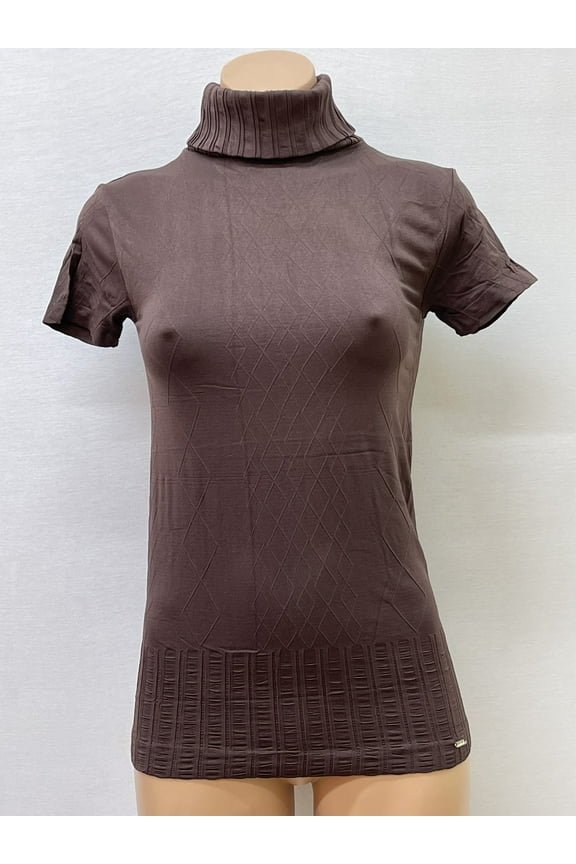 Women Seamless Short Sleeve Turtle Neck Ribbed Diamond Texture Material Blouse Top Stretch Tee Shirts