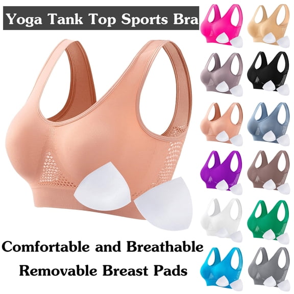 Women Seamless Sports Bra Wirefree Yoga Bra With Removable Pads - U Back and Scoop Front Neck Casual and Breathable Mesh Sports Bra for Running and Gym Workouts, Size S-5XL
