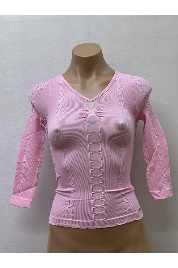 Women Seamless ThreeQuater Sleeve Round Neck Cable Design Material Blouse Top Stretch Tee Shirts