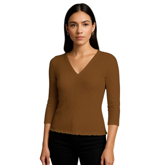 Women Seamless ThreeQuater Sleeve Round Neck Cable Design Material Blouse Top Stretch Tee Shirts