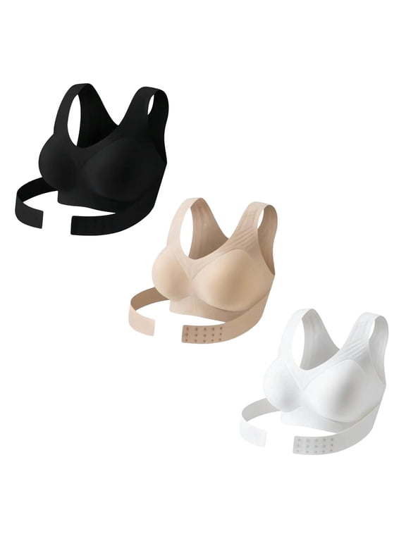 Women Seamless Wireless Posture Support Bra, Wide Strap Front Closure Full Coverage Bralette, Beauty Back No Underwire Comfort Breathable Daily Shapewear Lingerie,Rose Gold-3 Pcs,Bust:28"