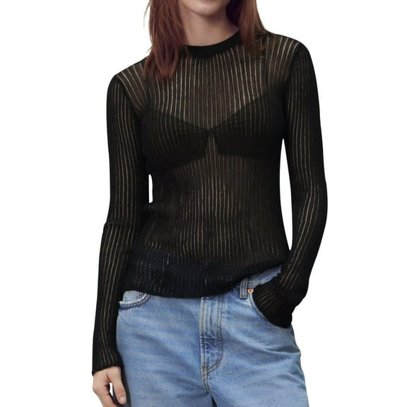 Women See Through Crew Neck Sheer Mesh Knitted Sweater Solid Basic Long Sleeve Loose Fit Knit Pullover Jumper Top