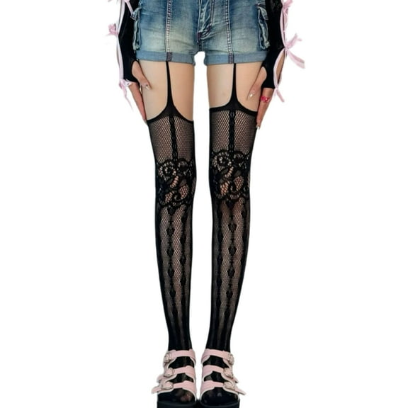 Women See Through Fishent Pantyhose Suspender Tights Punk Heart Patterned Hollowed Garter Belt Thigh High Stockings