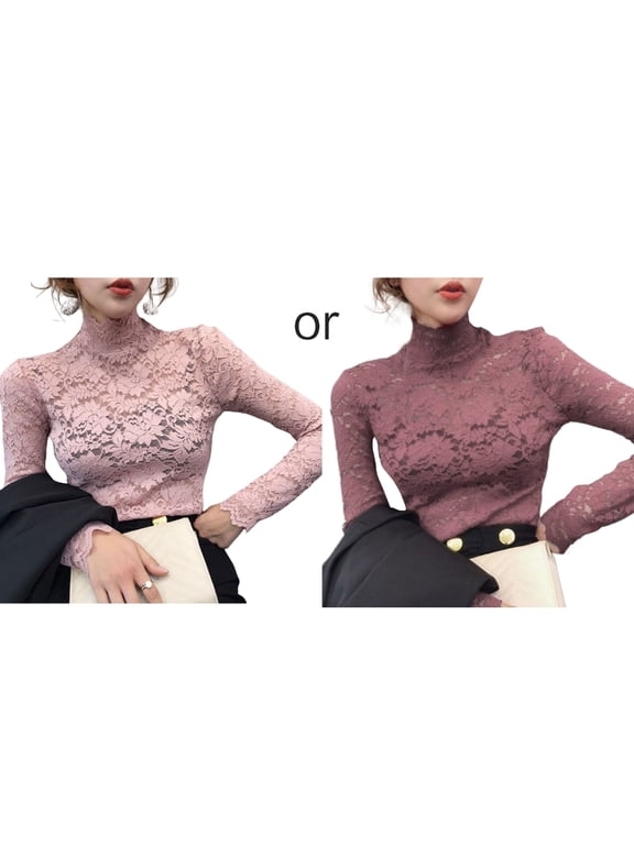 Women See Through Floral Lace Shirt Long Sleeve Turtleneck Mesh Slim Blouse Top