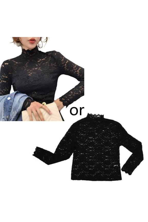 Women See Through Floral Lace Shirt Long Sleeve Turtleneck Mesh Slim Blouse Top