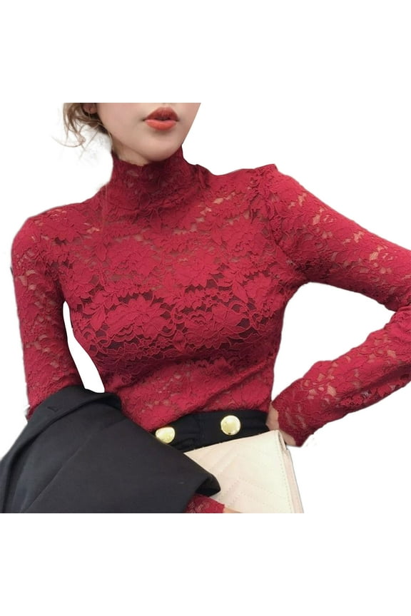 Women See Through Floral Lace Shirt Long Sleeve Turtleneck Mesh Slim Blouse Top