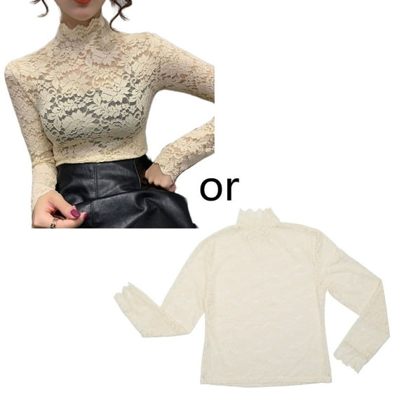 Women See Through Floral Lace Shirt Long Sleeve Turtleneck Mesh Slim Blouse Top