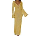 thumbnail image 1 of Women See Through Knit Maxi Dress V-Neck Long Sleeve Crochet Bodycon Long Dress Backless Beach Bikini Cover Up Dresses, 1 of 6