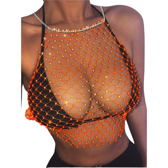 Women See Through Mesh Diamond Tank Tops Hollow Out Beach Cover up Crop Tops for Rave Festival Clubwear
