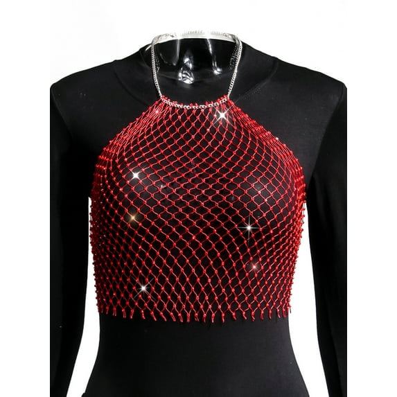 Women See Through Mesh Diamond Tank Tops Hollow Out Beach Cover up Crop Tops for Rave Festival Clubwear