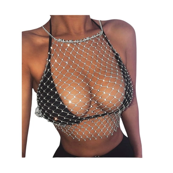 Women See Through Mesh Diamond Tank Tops Hollow Out Beach Cover up Crop Tops for Rave Festival Clubwear