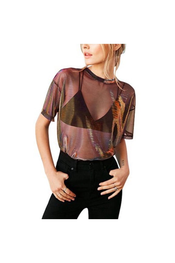 Women See Through Mesh Shiny Sheer Top T-Shirt Casual Blouse Tee Clubwear