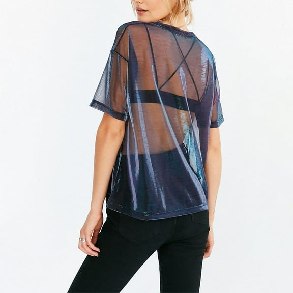 Women See Through Mesh Shiny Sheer Top T-Shirt Casual Blouse Tee Clubwear