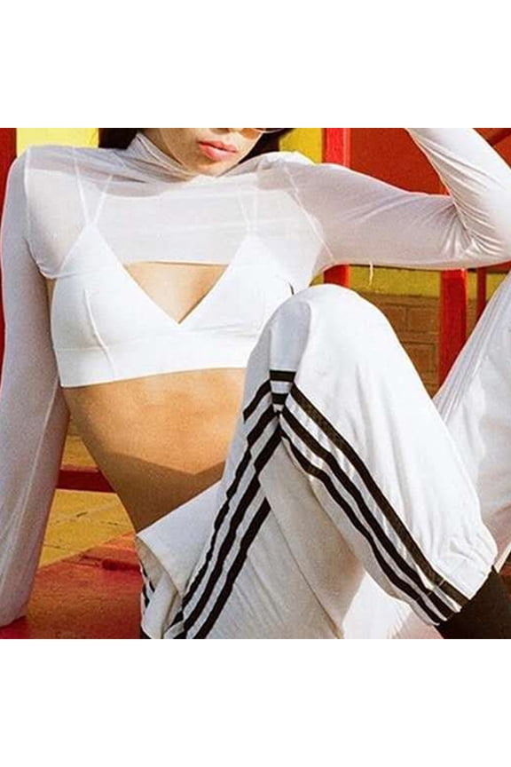 Women See-Through Mesh T shirt Long Sleeve Transparent Open Front Crop Tops