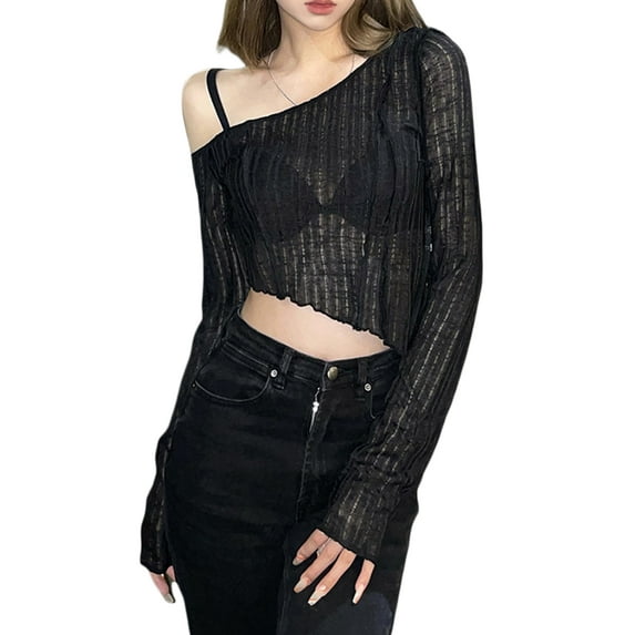 Women See Through One Shoulder Crop Top Long Sleeve Hollow Out Knit Ruched T-shirt Y2K Slim Fit Blouse Tee Tops Streetwear