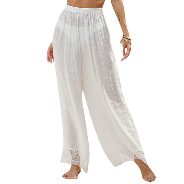 Women SeeThrough Pants Flowy Beach Cover up Trousers Loose Fit Lounge