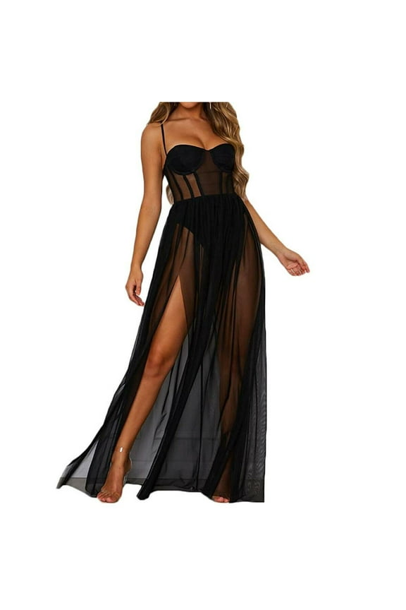 Women See-through Mesh Lace High Split Sheer Night Club Long Dress