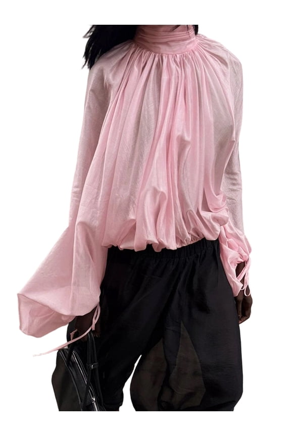 Women Semi-Sheer Fabric Ruched Mock Neck Drawstring Cuff Lantern Sleeve Cropped Bubble Hem Blouse Pink L