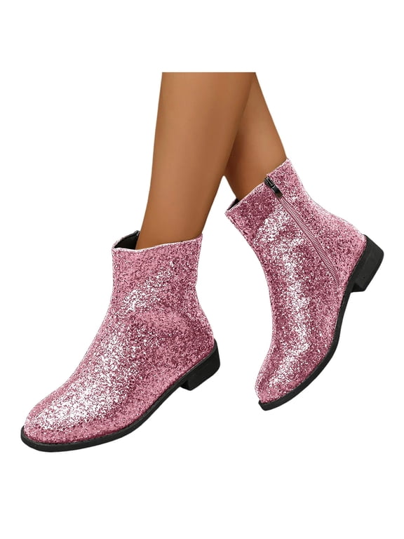 Women Sequin Ankle Boots Round Toe Low Chunky Heel Dress Boots Stylish Sparkly Glitter Booties Side Zip Zipper Wedding Evening Party Dress Shoes