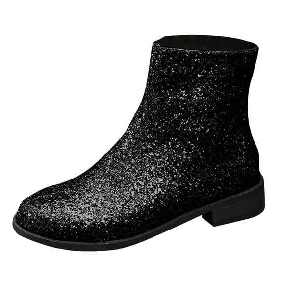 Women Sequin Ankle Boots Round Toe Low Chunky Heel Dress Boots Stylish Sparkly Glitter Booties Side Zip Zipper Wedding Evening Party Dress Shoes